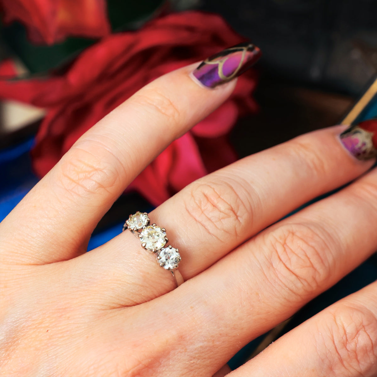 Vintage Platinum Three Stone Diamond Engagement Ring