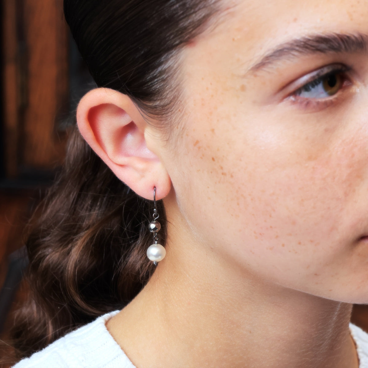 Cut Steel and Hand Blown Glass Pearl Earrings