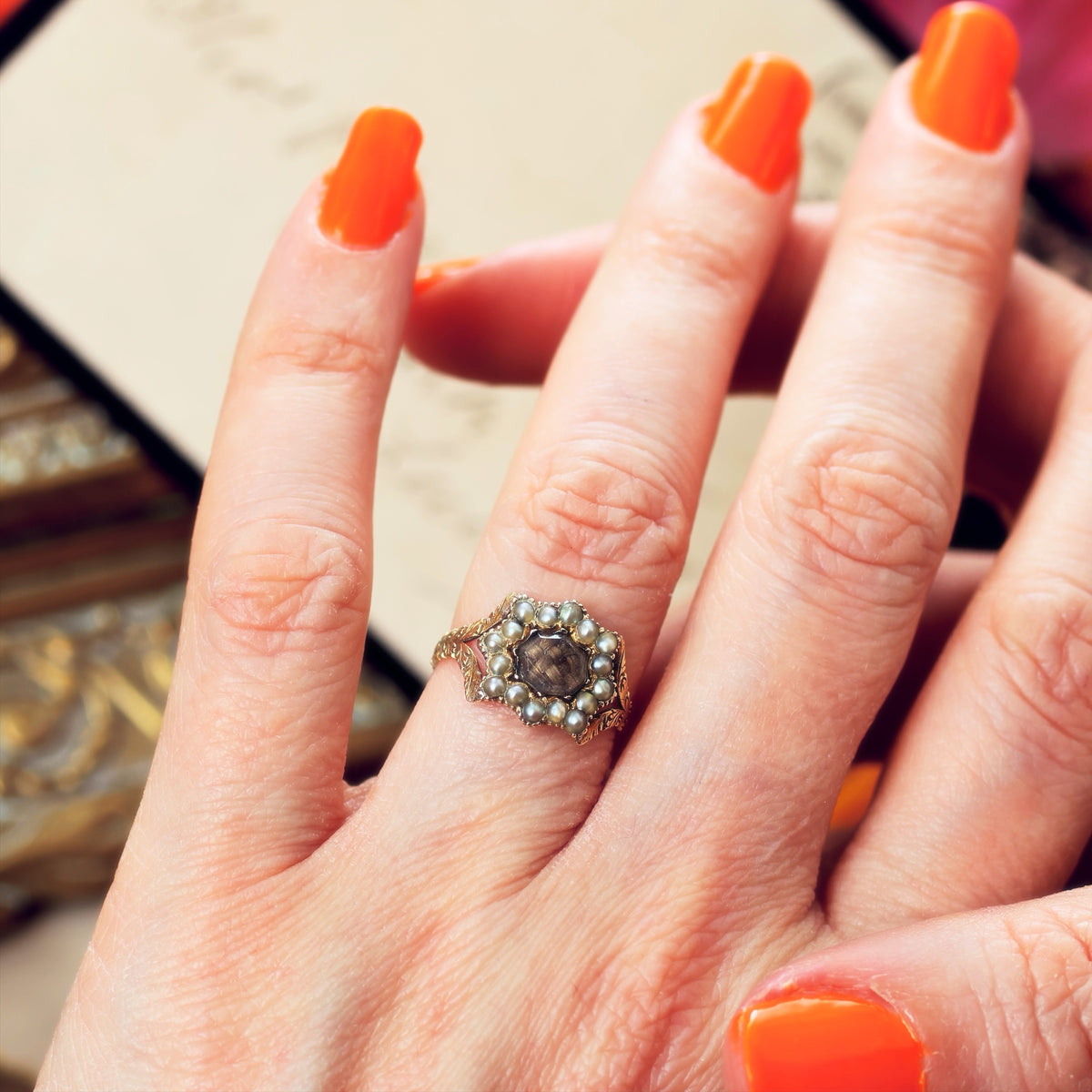 Prettily Poignant Date 1833 Seed Pearl Mourning Ring
