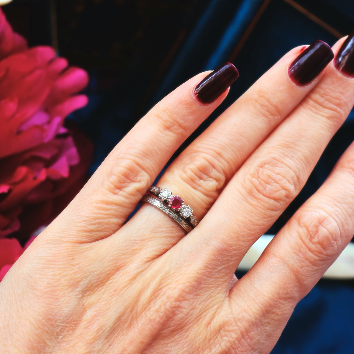 Cutest Vintage Ruby & Diamond Trilogy Engagement Ring
