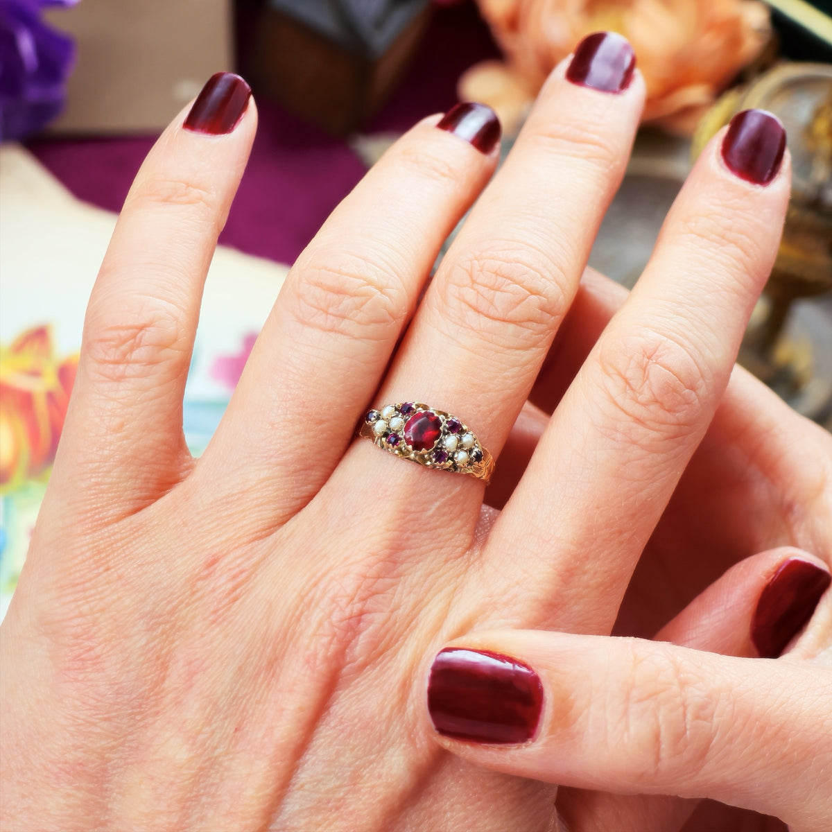 Date 1883 Cannetille Garnet & Wild Pearl Ring