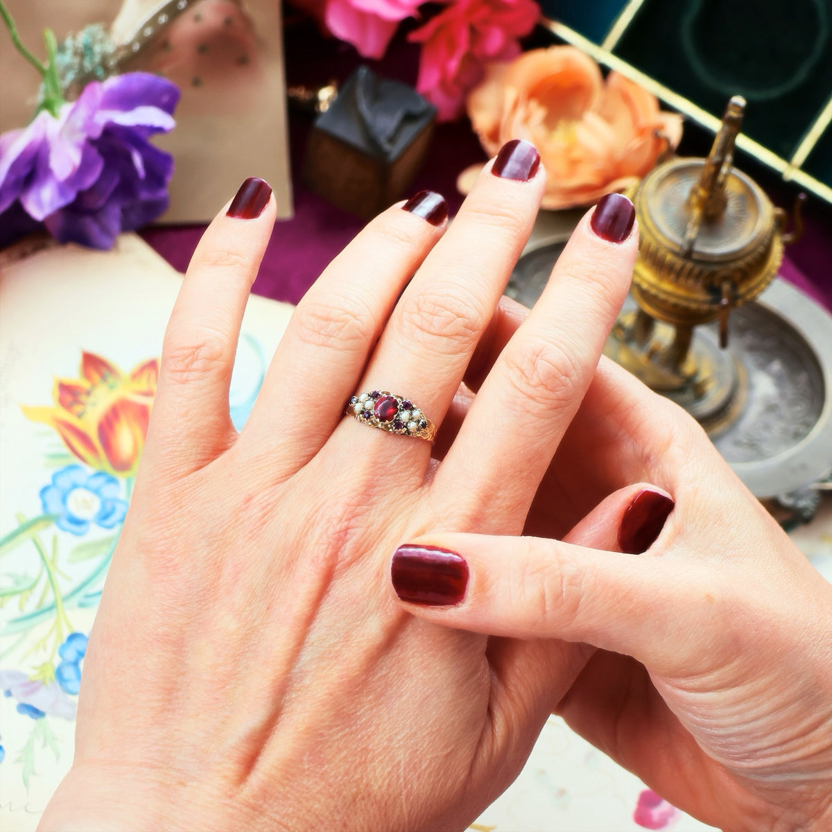 Date 1883 Cannetille Garnet & Wild Pearl Ring