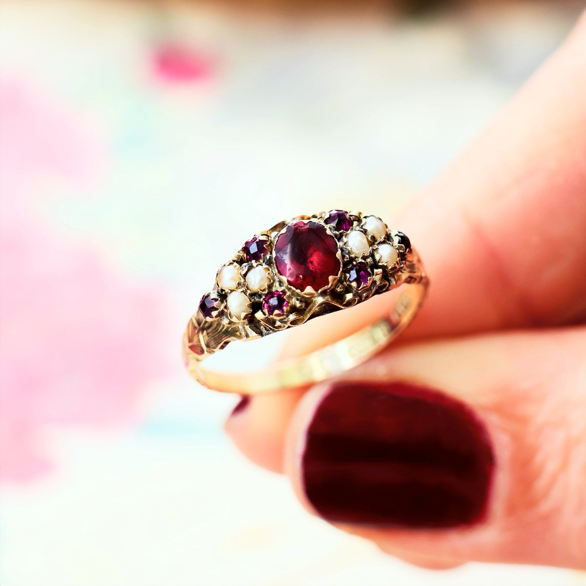Date 1883 Cannetille Garnet & Wild Pearl Ring