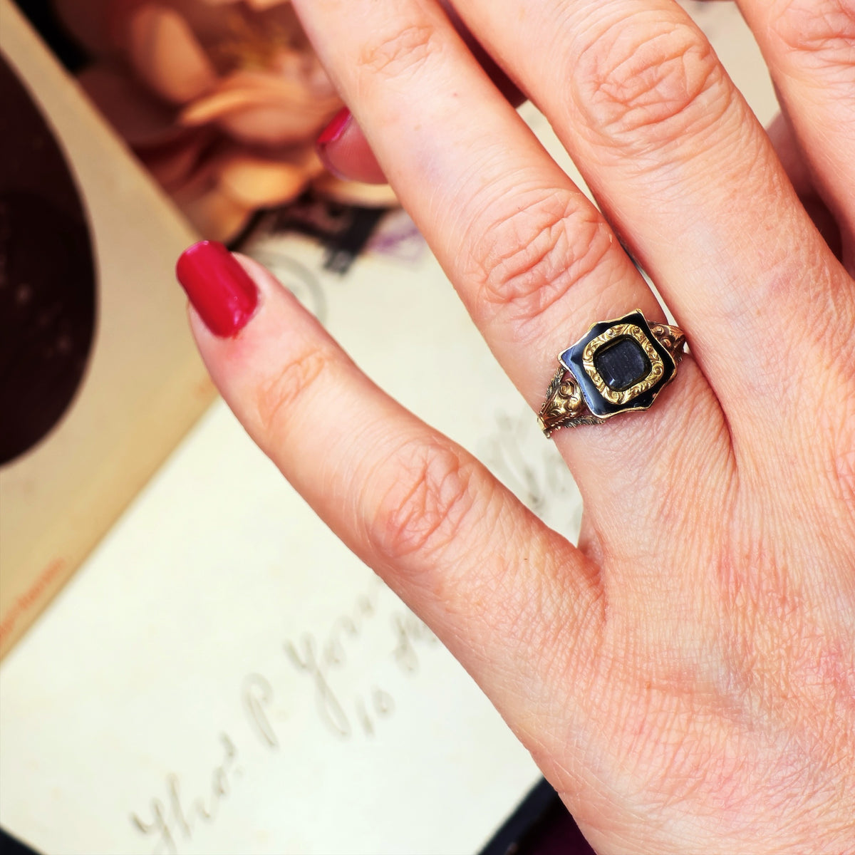 Antique Georgian Rococo Enamel Mourning Ring