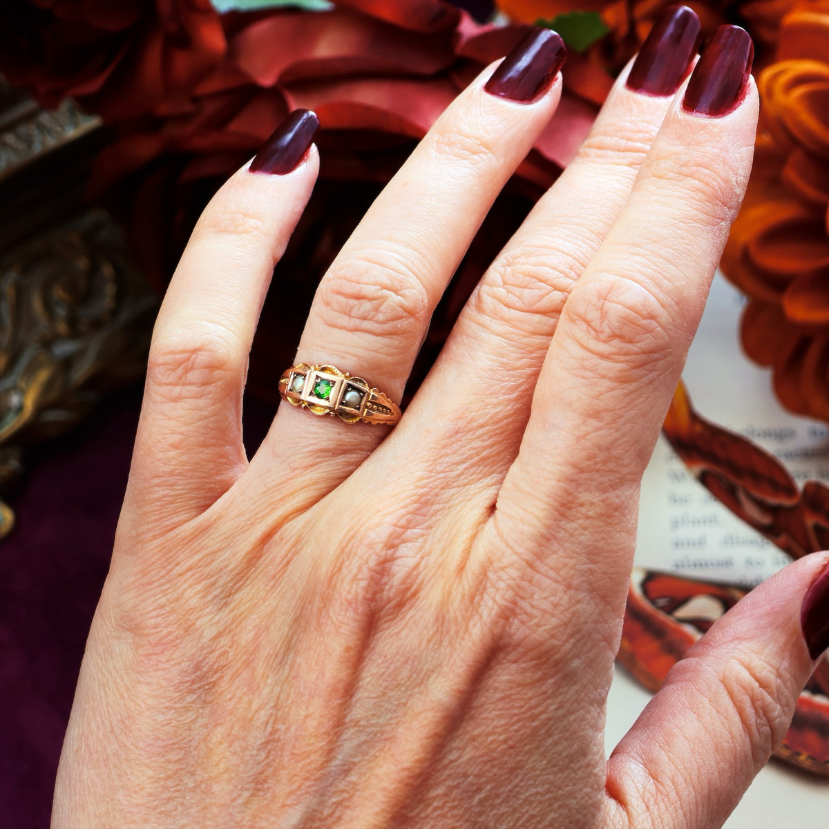 Date 1909 Demantoid Garnet & Pearl Ring