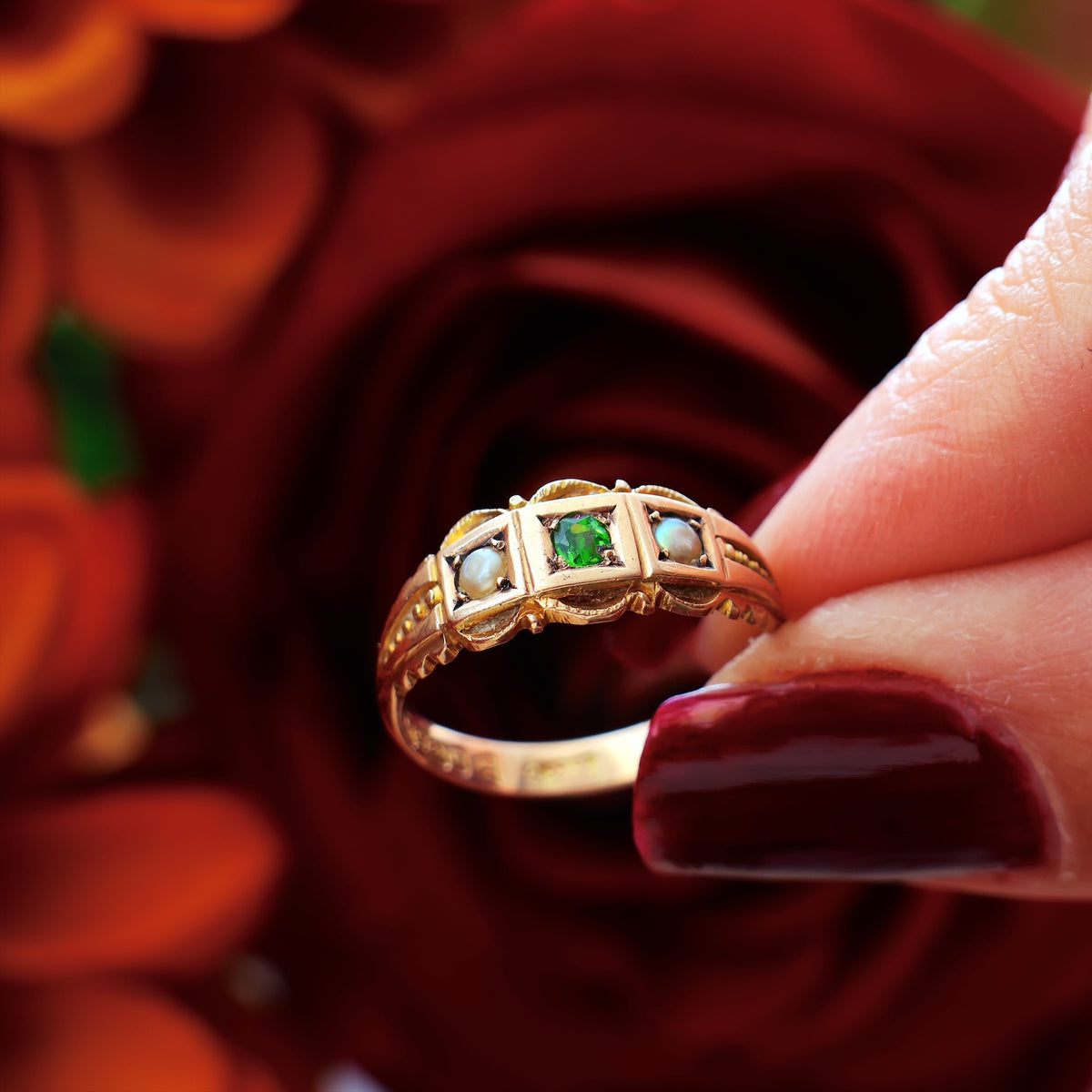 Date 1909 Demantoid Garnet & Pearl Ring