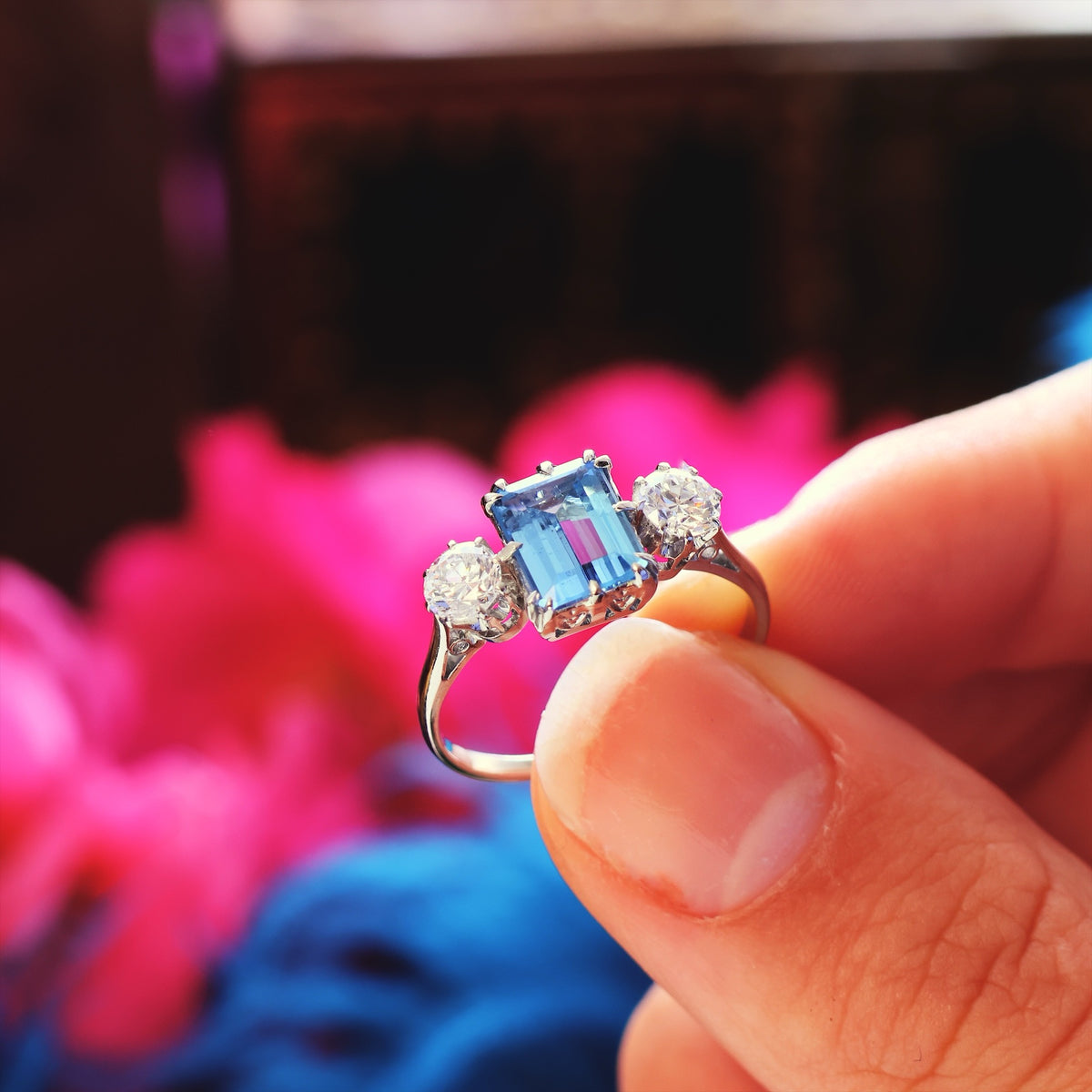 Vintage Aquamarine & Diamond Trilogy Engagement Ring