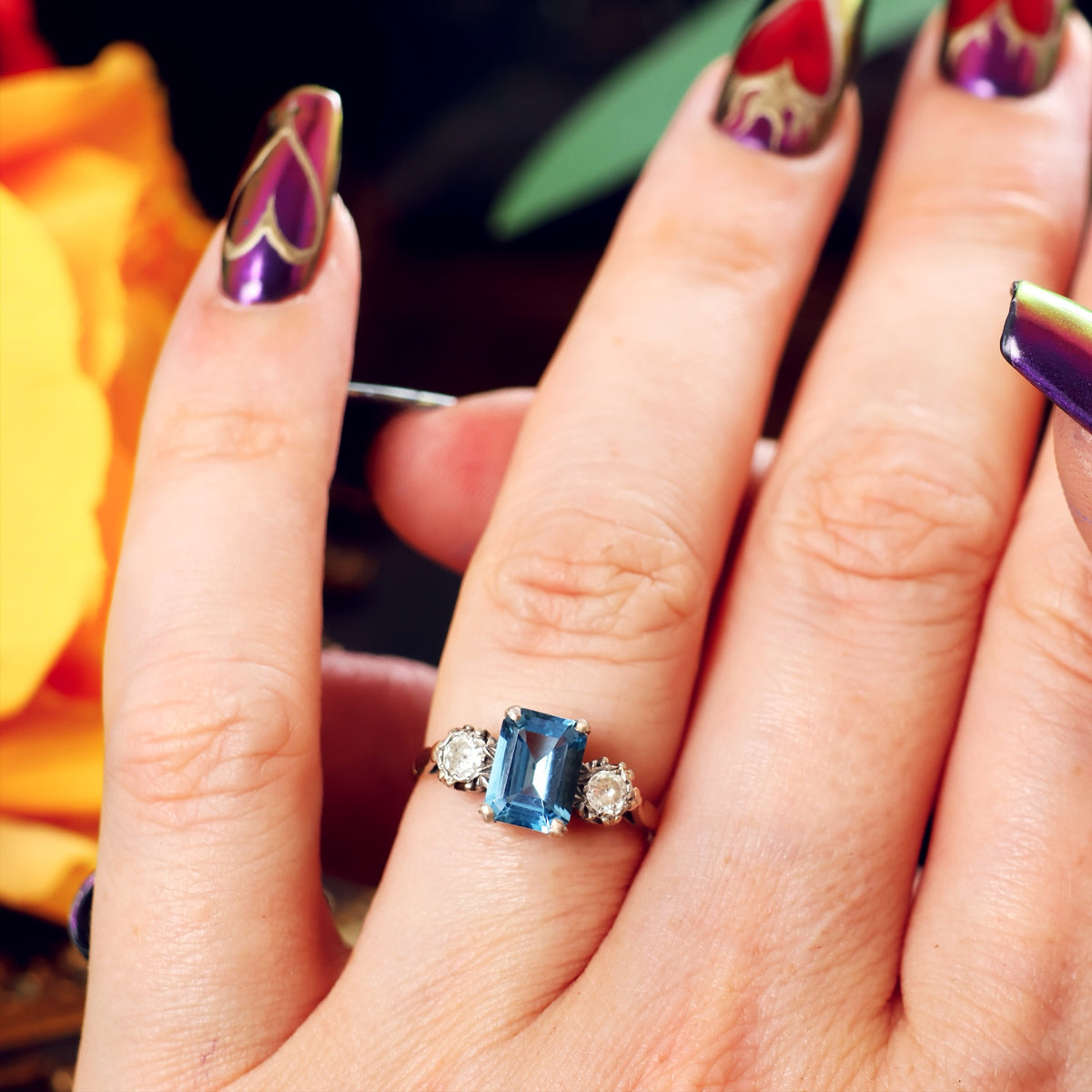 Vintage Top Quality Aquamarine & Diamond Trilogy Ring