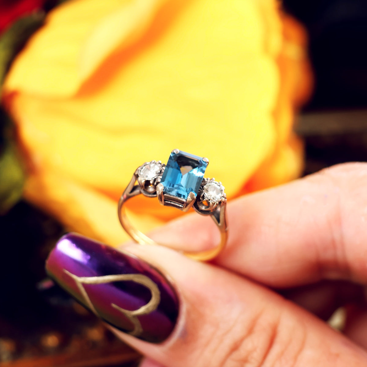 Vintage Top Quality Aquamarine & Diamond Trilogy Ring