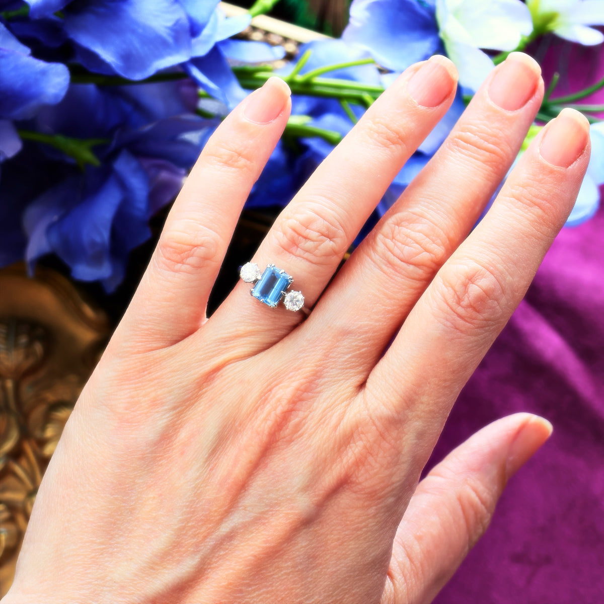 Vintage Aquamarine & Diamond Trilogy Engagement Ring