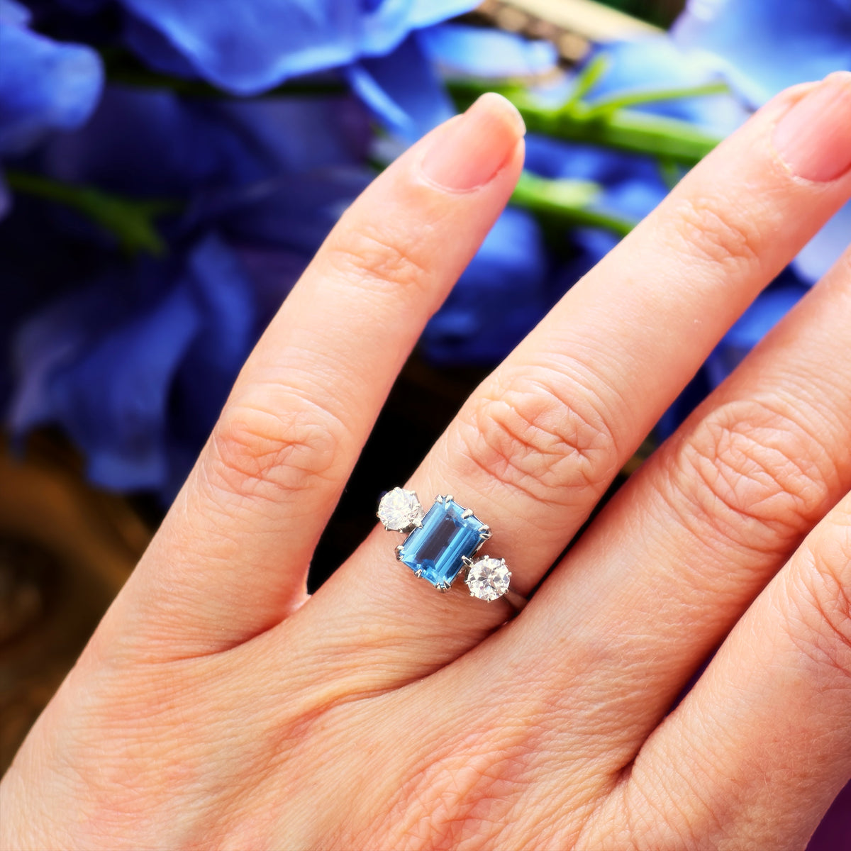 Vintage Aquamarine & Diamond Trilogy Engagement Ring