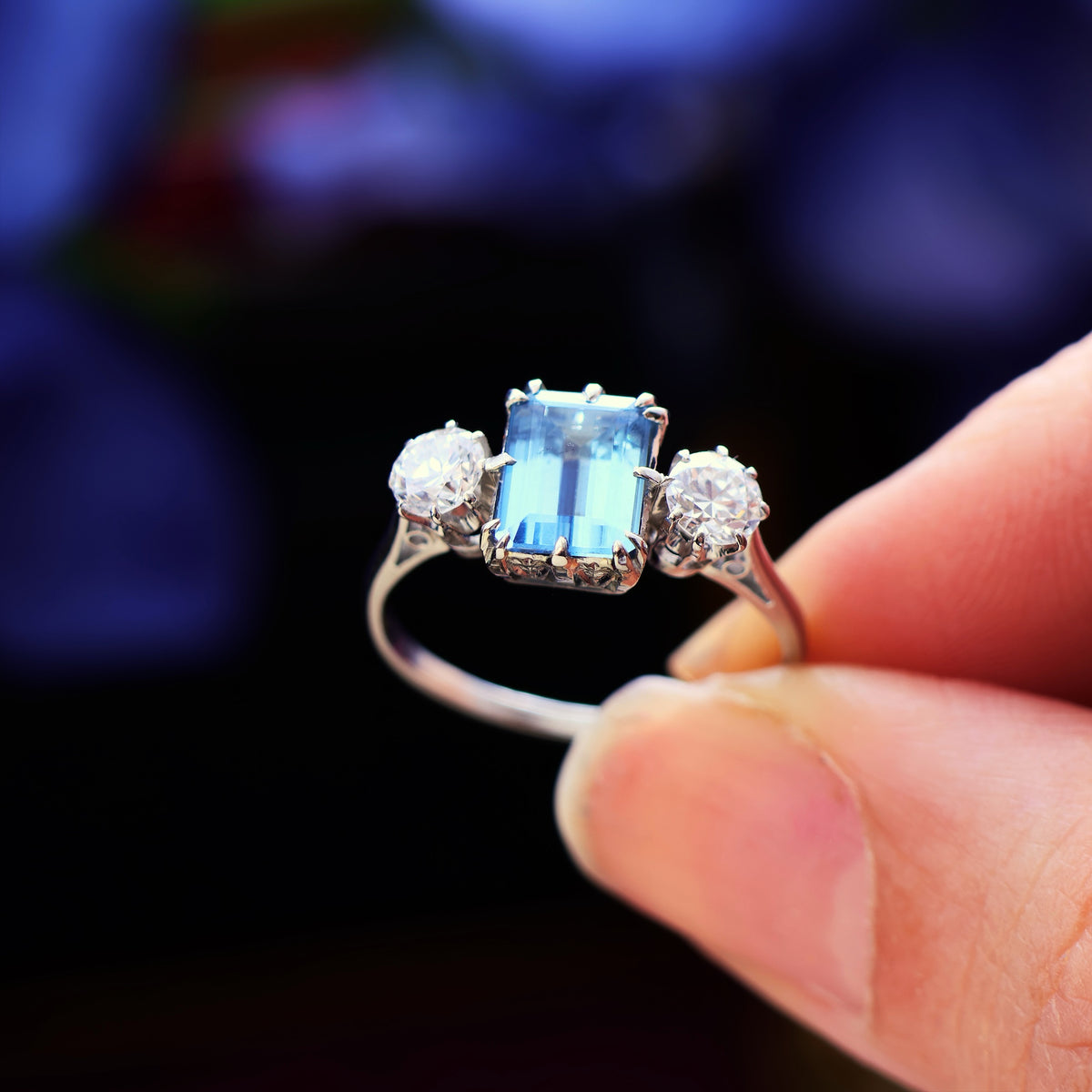 Vintage Aquamarine & Diamond Trilogy Engagement Ring