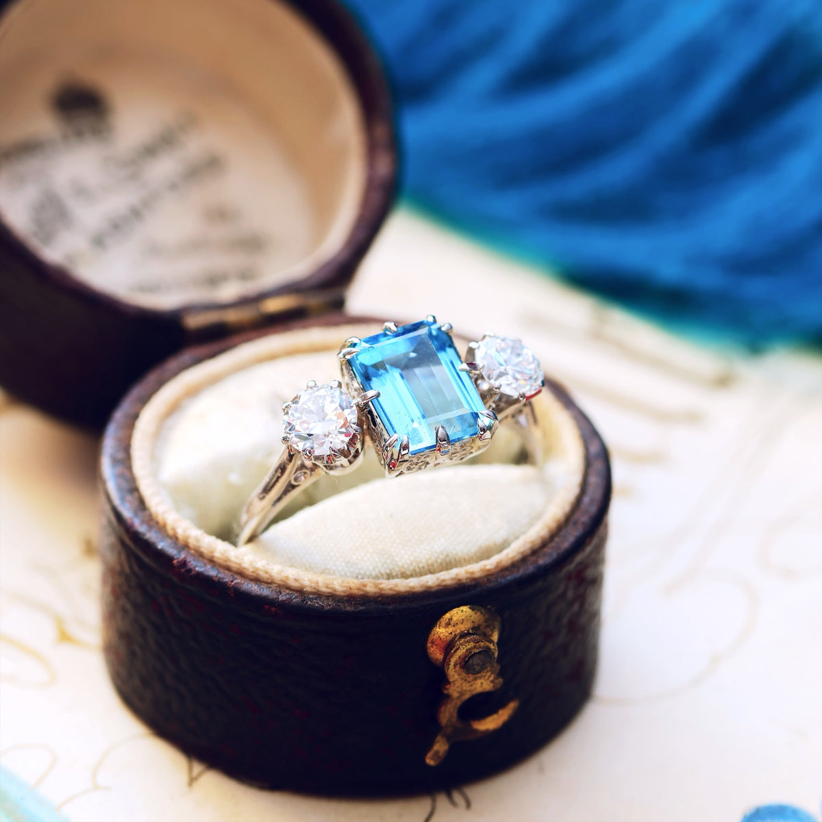 Vintage Aquamarine & Diamond Trilogy Engagement Ring