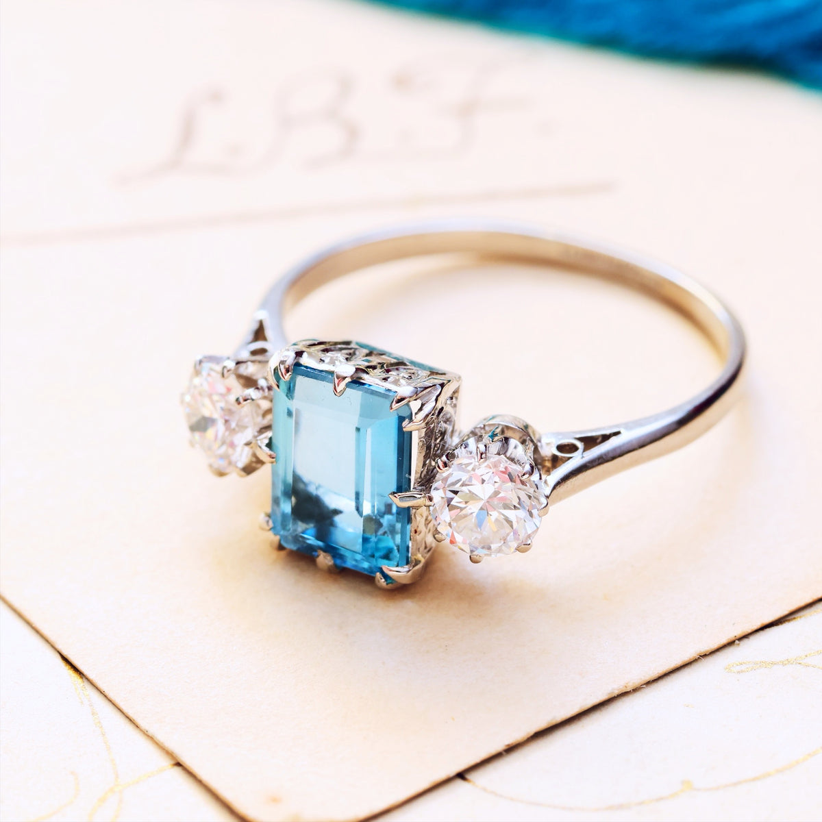 Vintage Aquamarine & Diamond Trilogy Engagement Ring