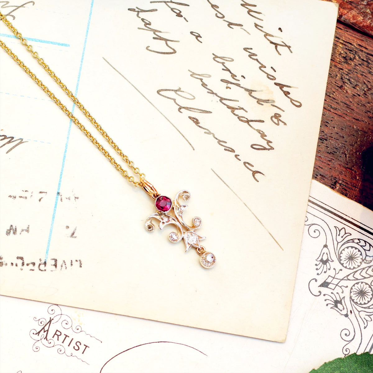 Beautiful Antique Art Nouveau Ruby & Diamond Pendant