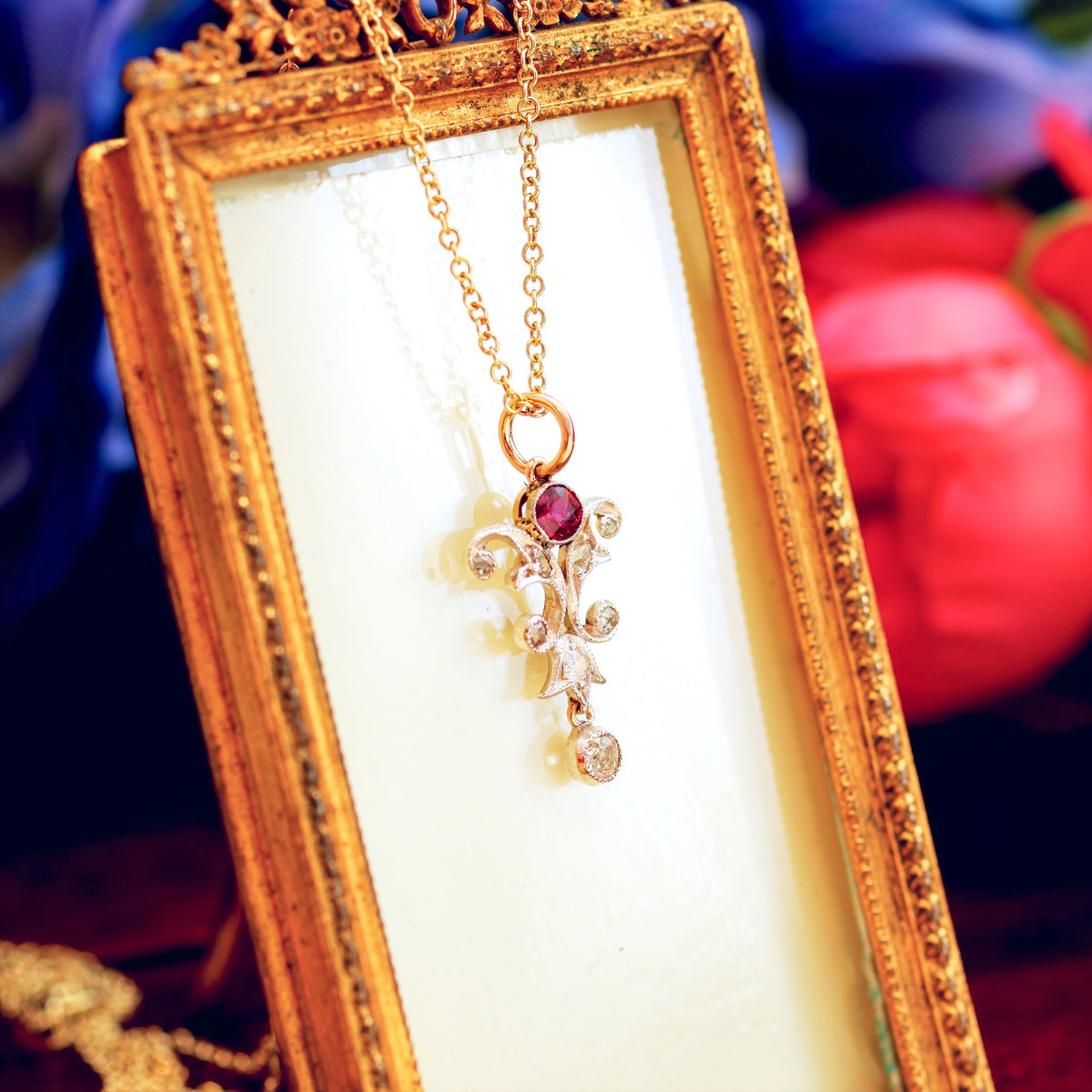 Beautiful Antique Art Nouveau Ruby & Diamond Pendant
