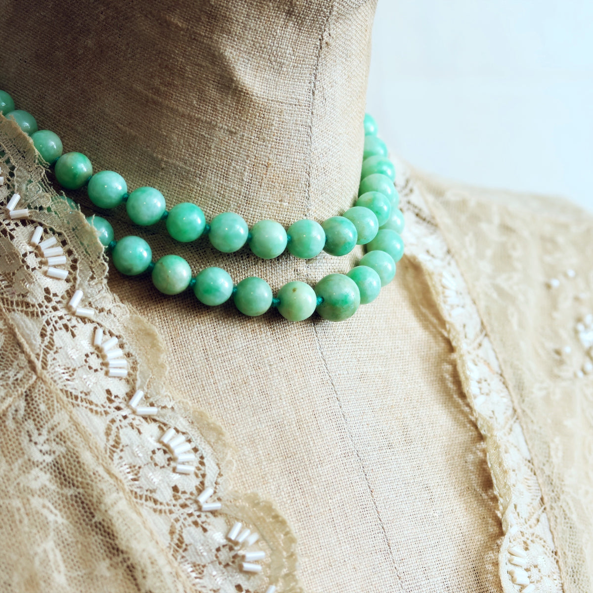 Classic Vintage Elegance Double Row Jade Bead Necklace