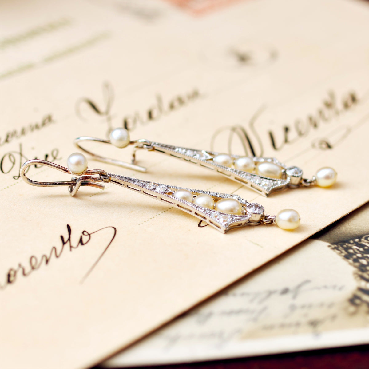 Antique Belle Epoque Natural Pearl & Diamond Earrings