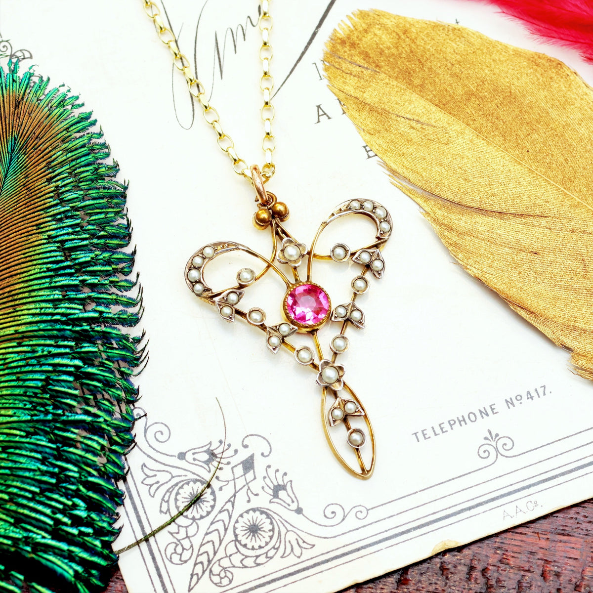 Edwardian Seed Pearl & Pink Paste Pendant & Chain