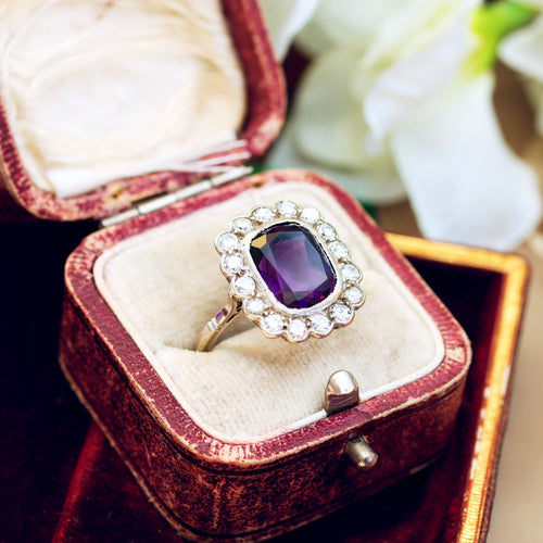 Finest Vintage Amethyst & Diamond Cluster Dress Ring
