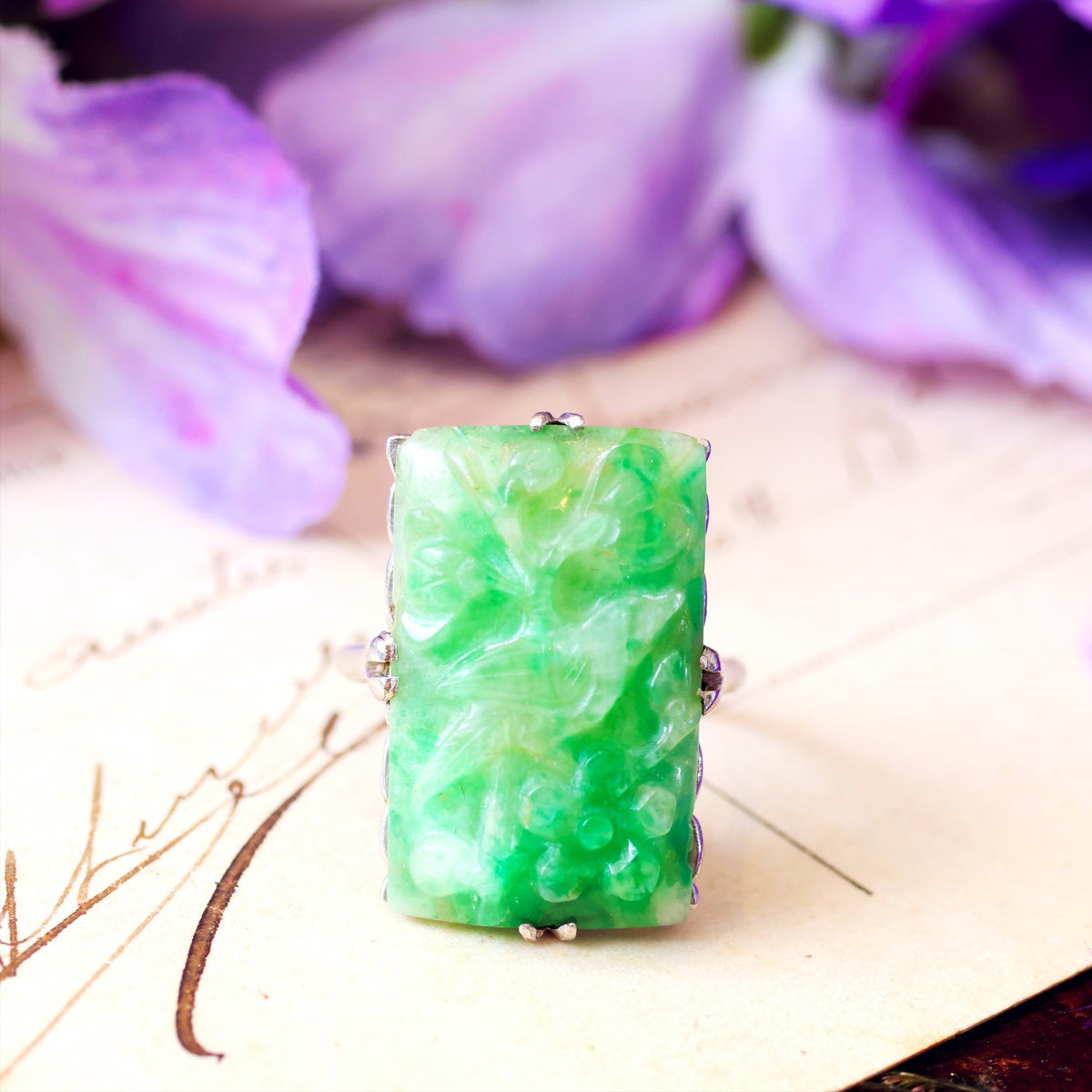 Vintage Art Deco Platinum Carved Jade Ring
