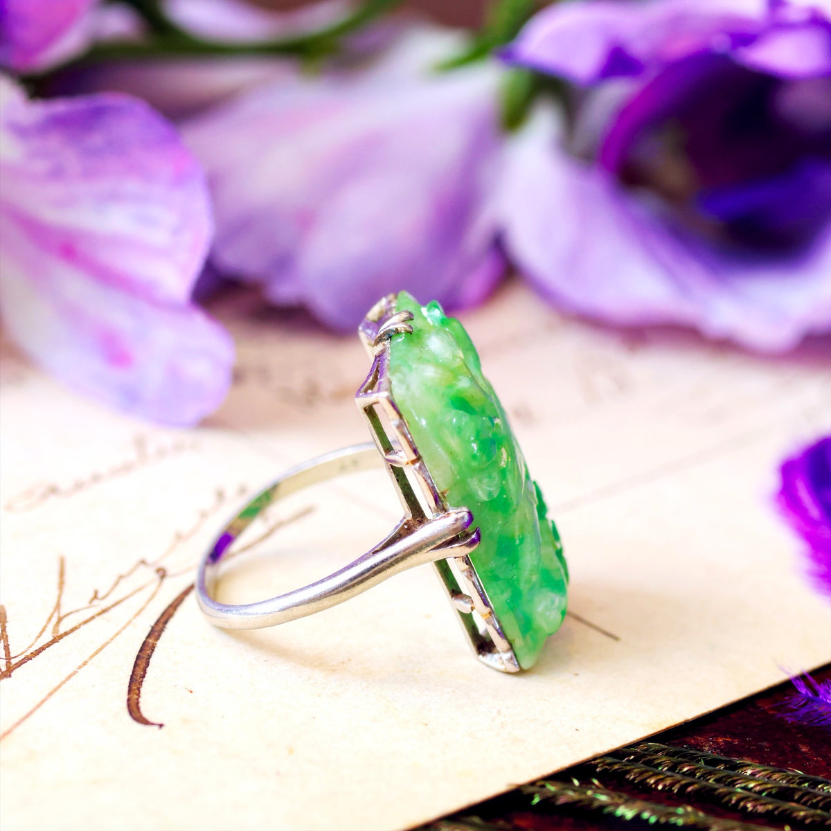 Vintage Art Deco Platinum Carved Jade Ring