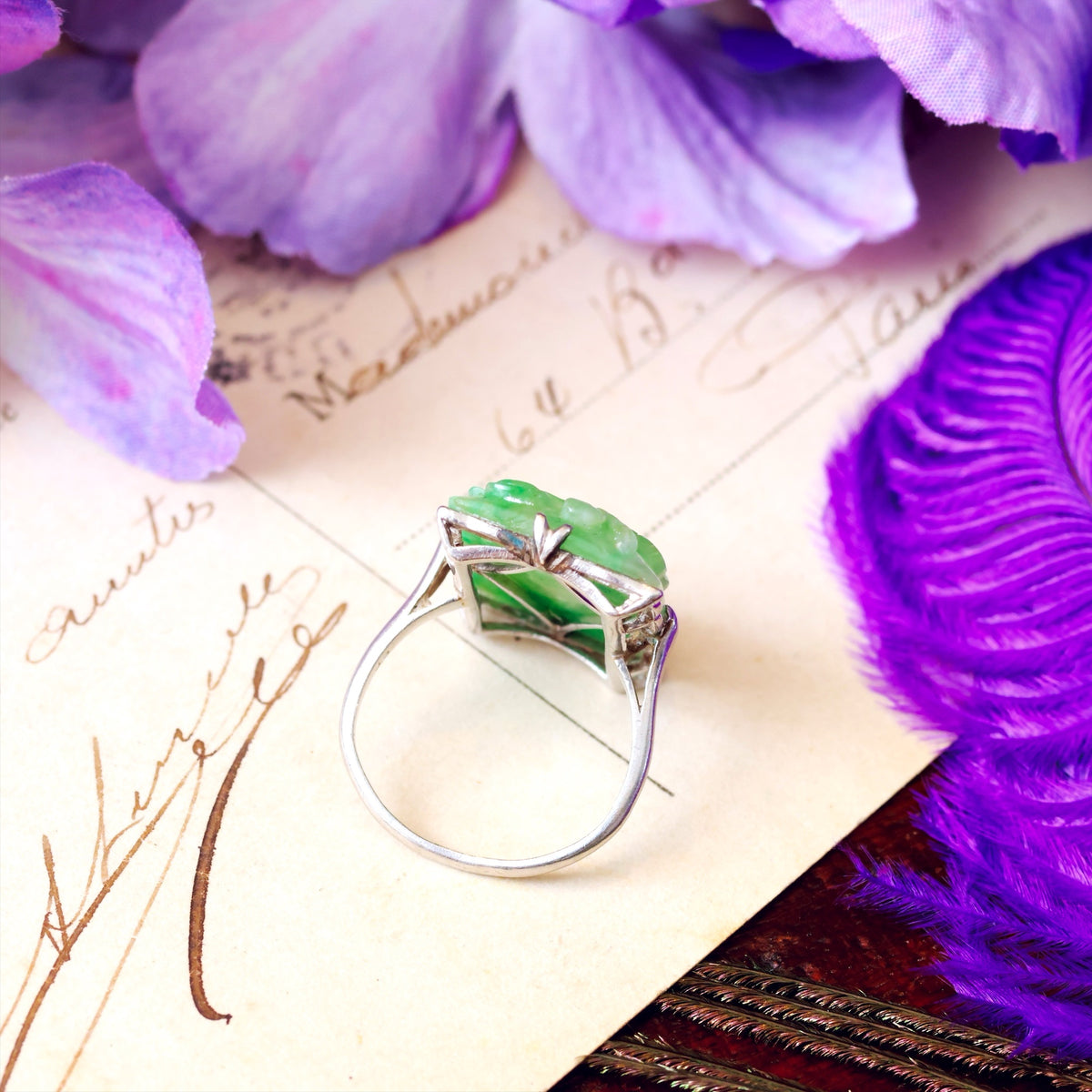 Vintage Art Deco Platinum Carved Jade Ring