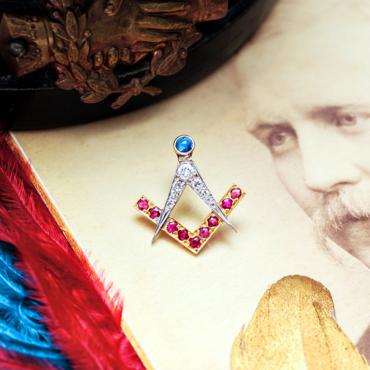 Vintage Jewelled Masonic Square & Compass Pin