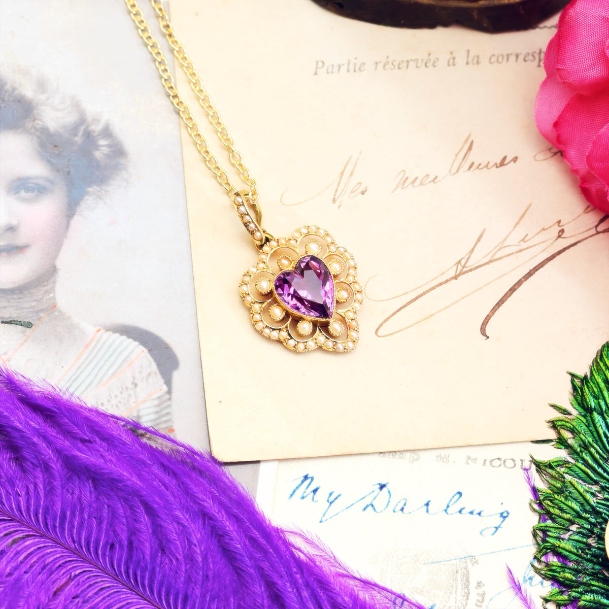 Date 1909 Amethyst & Seed Pearl Heart Pendant