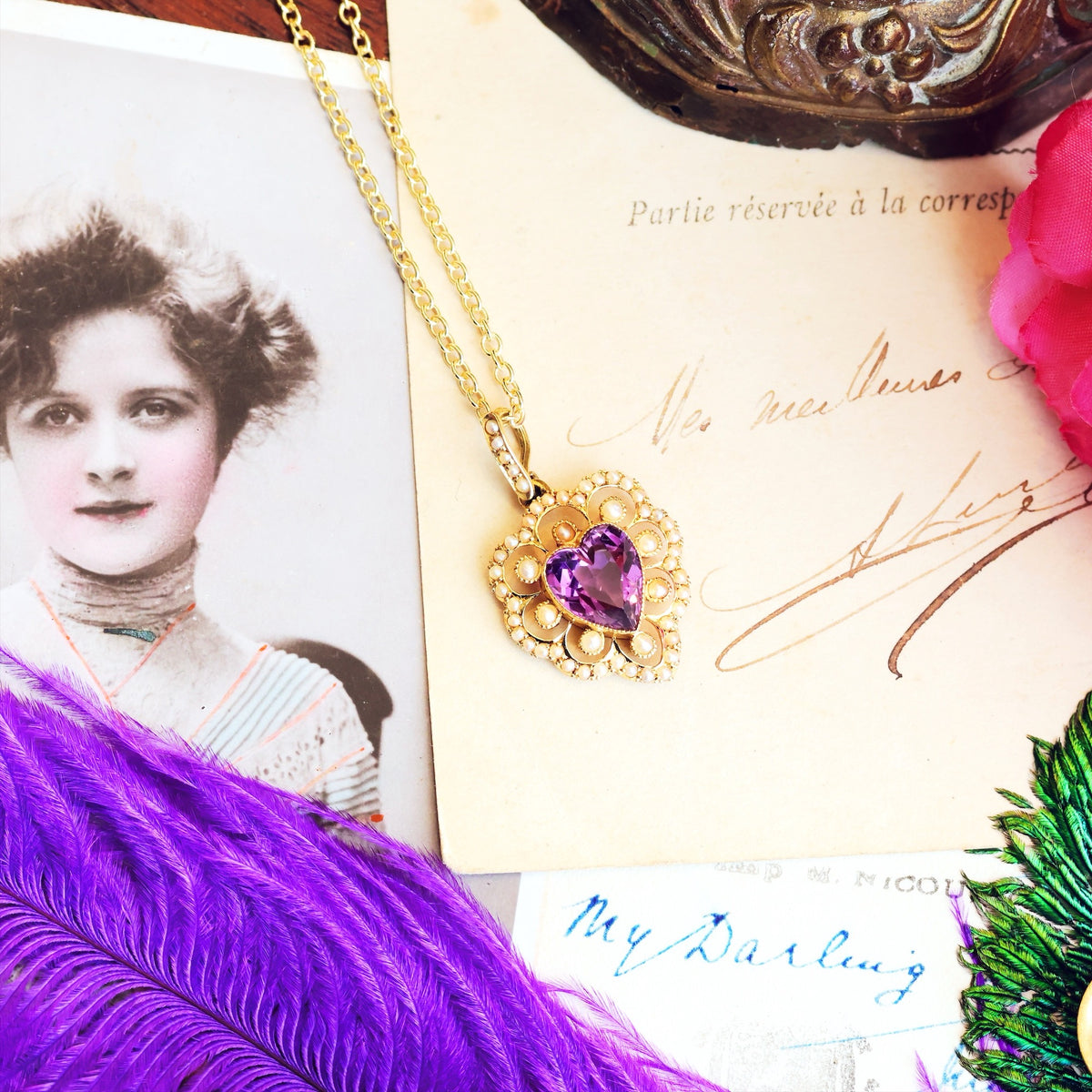 Date 1909 Amethyst & Seed Pearl Heart Pendant
