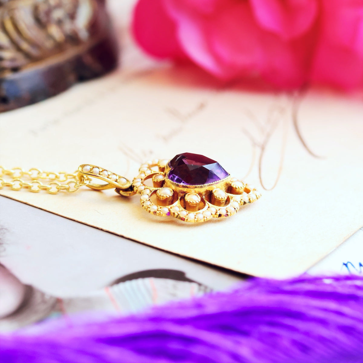 Date 1909 Amethyst & Seed Pearl Heart Pendant