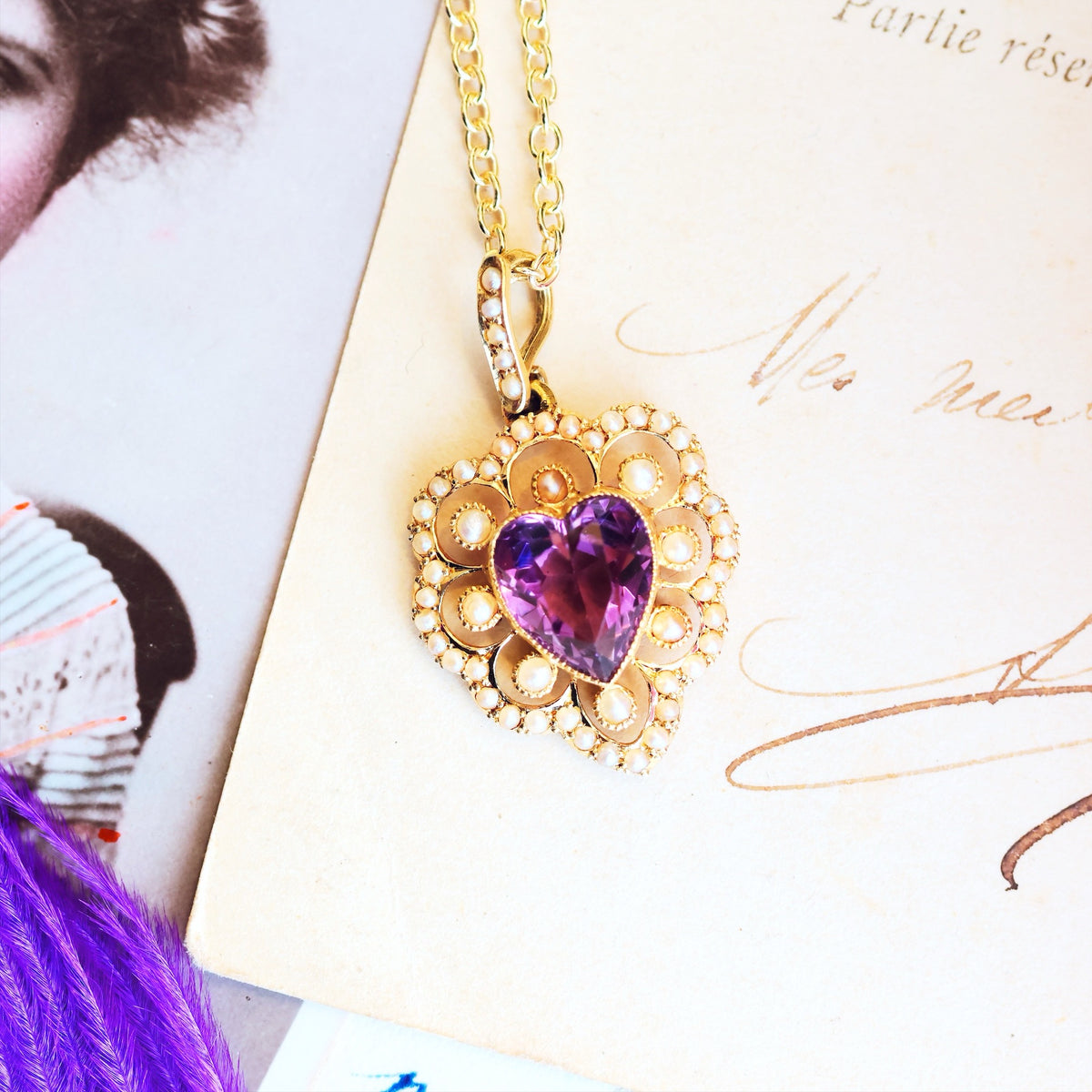 Date 1909 Amethyst & Seed Pearl Heart Pendant