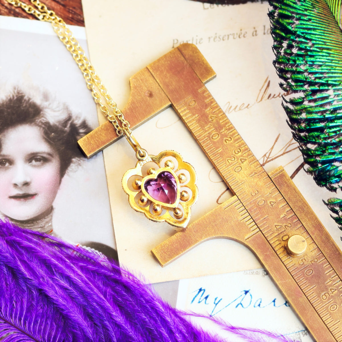 Date 1909 Amethyst & Seed Pearl Heart Pendant