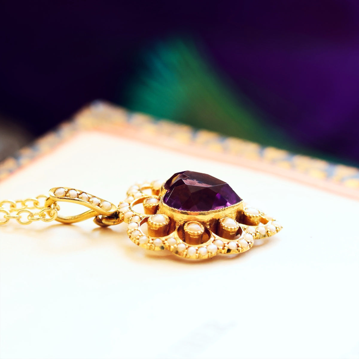 Date 1909 Amethyst & Seed Pearl Heart Pendant