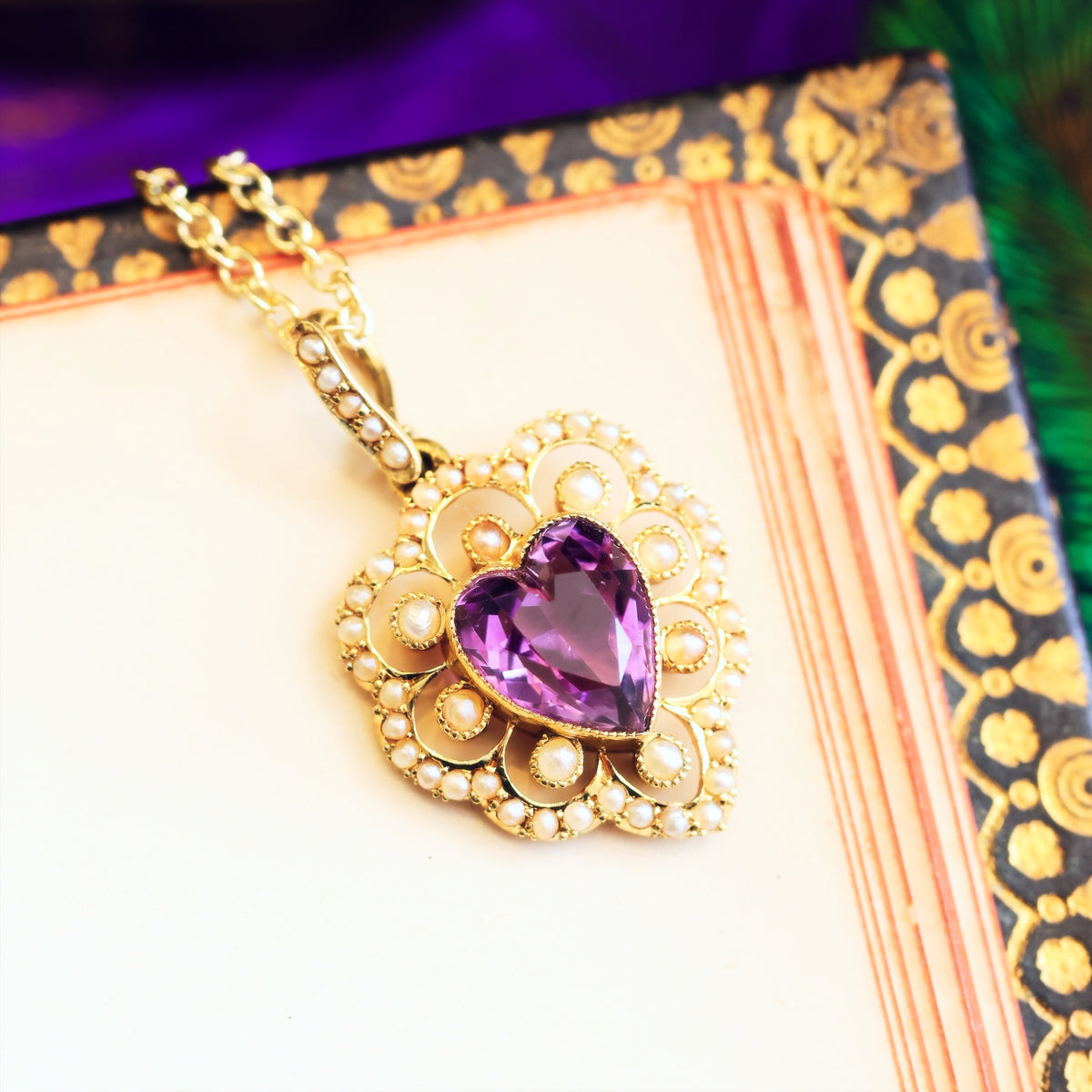 Date 1909 Amethyst & Seed Pearl Heart Pendant