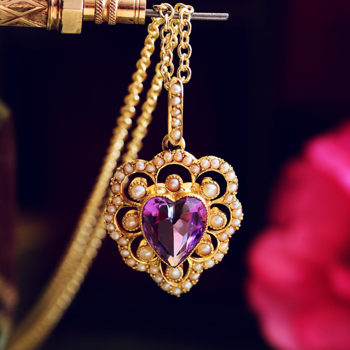 Vintage Gold Amethyst & Seed Pearl Heart Shaped Pendant