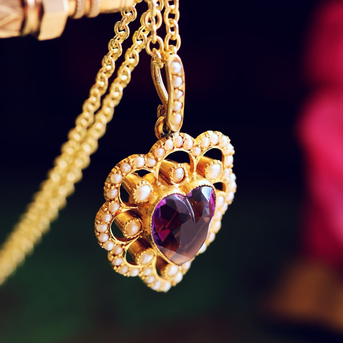 Date 1909 Amethyst & Seed Pearl Heart Pendant