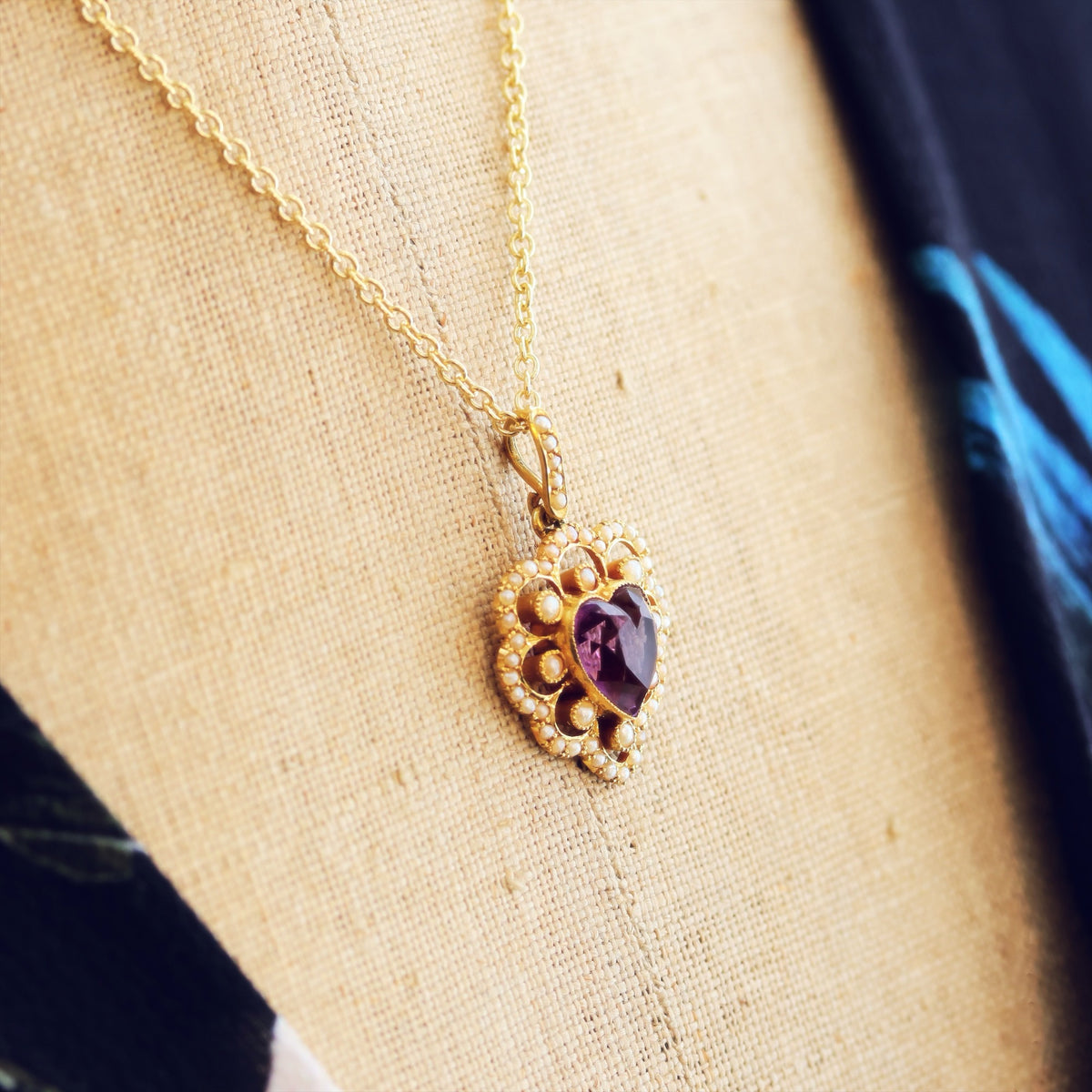 Date 1909 Amethyst & Seed Pearl Heart Pendant