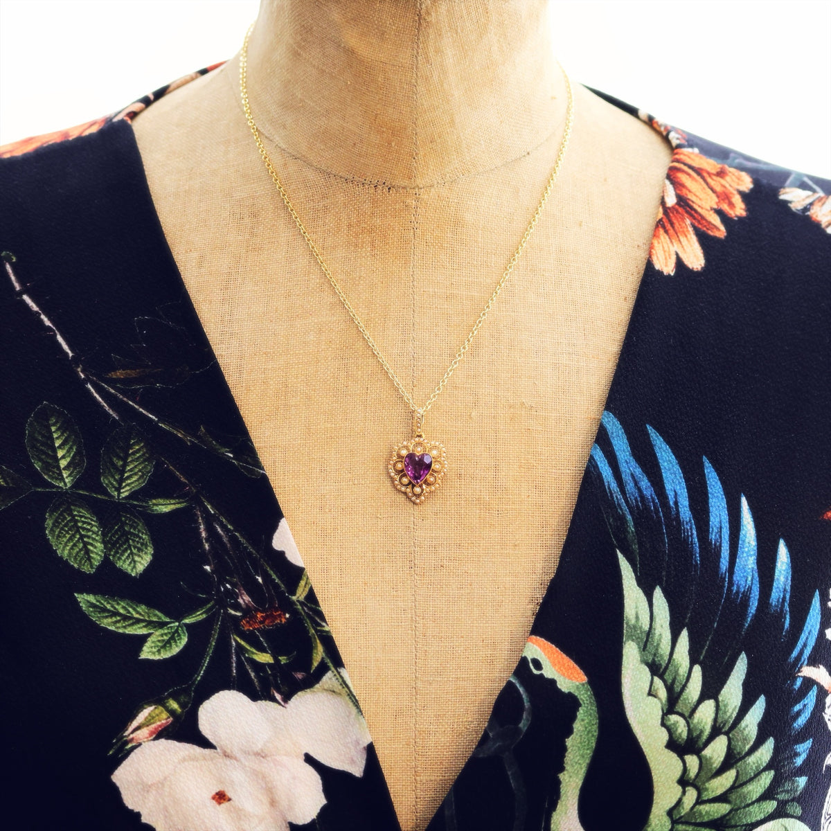 Date 1909 Amethyst & Seed Pearl Heart Pendant
