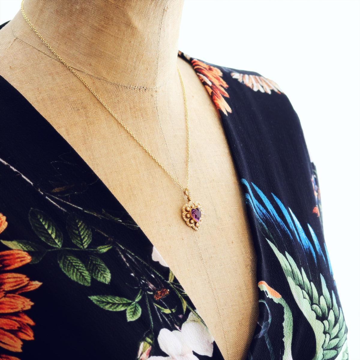 Date 1909 Amethyst & Seed Pearl Heart Pendant