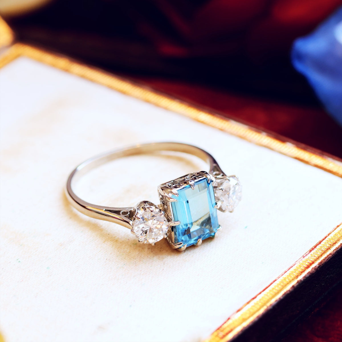 Vintage Aquamarine & Diamond Trilogy Engagement Ring