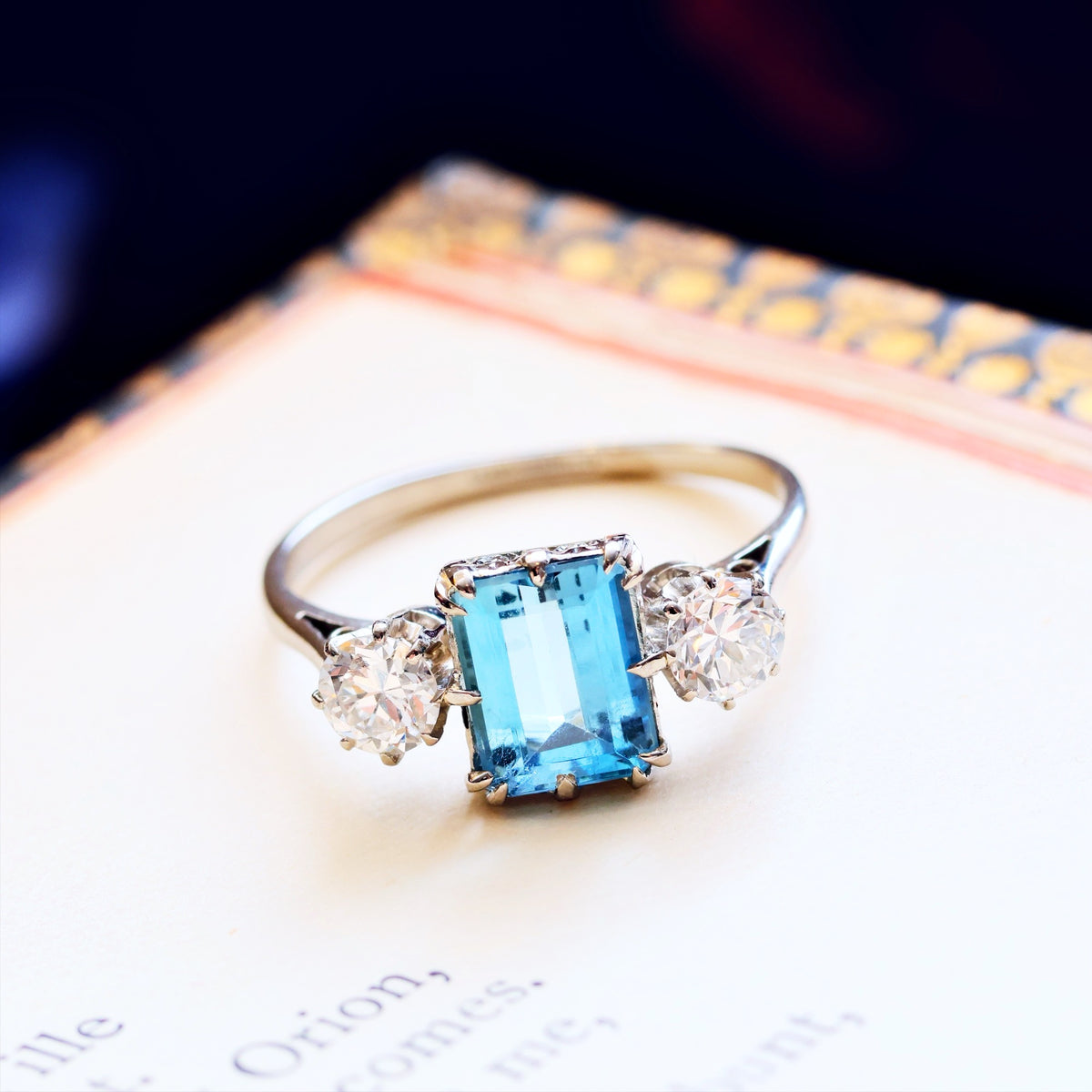 Vintage Aquamarine & Diamond Trilogy Engagement Ring