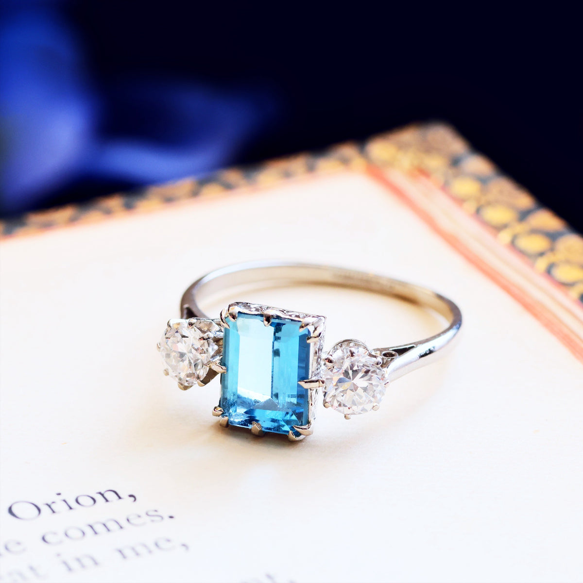 Vintage Aquamarine & Diamond Trilogy Engagement Ring