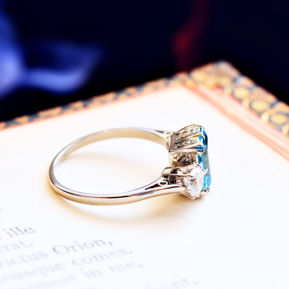 Vintage Aquamarine & Diamond Trilogy Engagement Ring