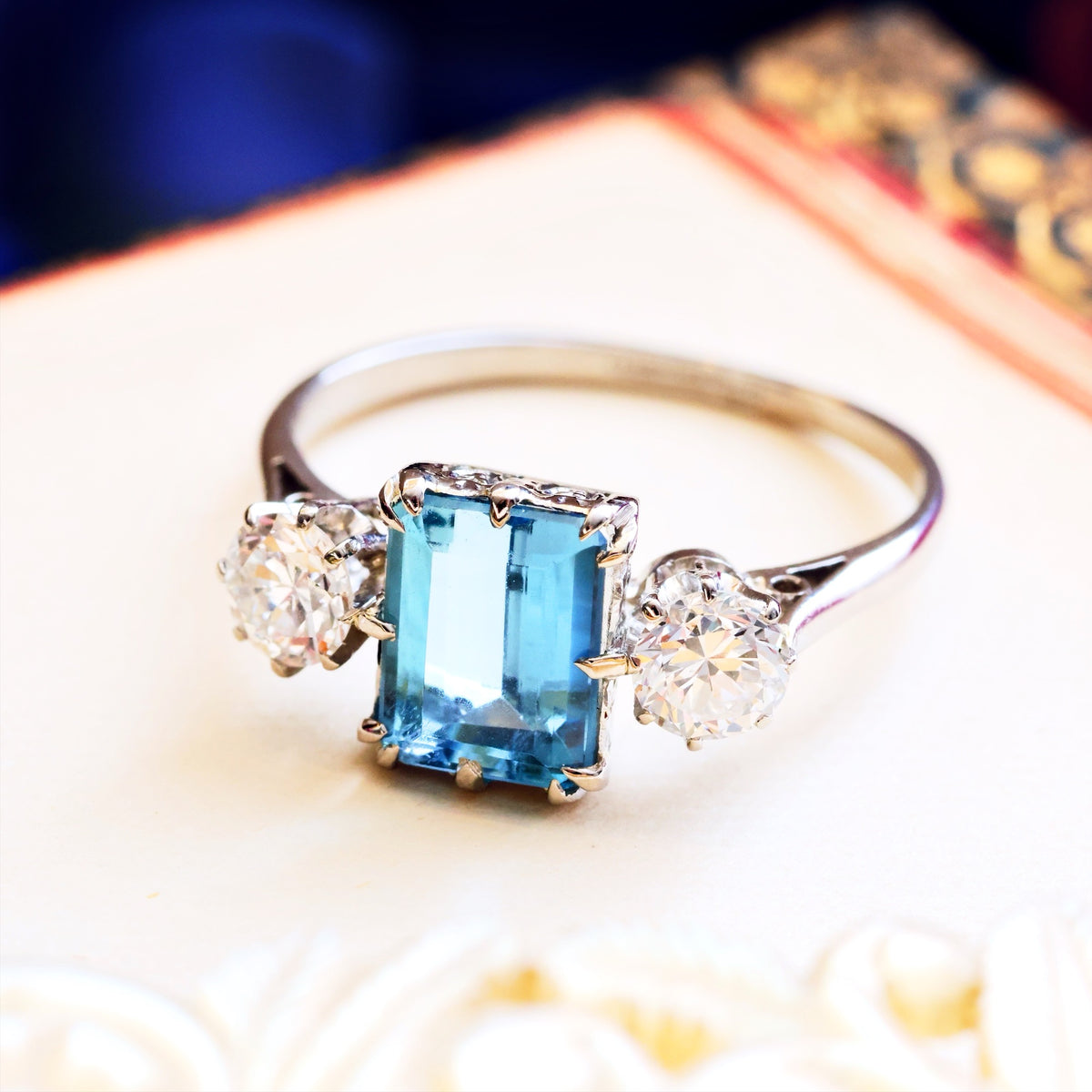 Vintage 1.49ct Aquamarine & Diamond Trilogy Engagement Ring
