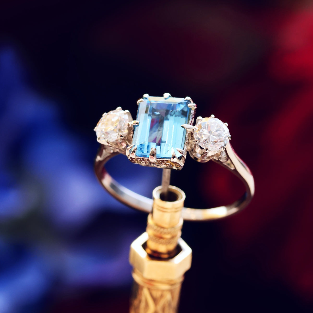 Vintage Aquamarine & Diamond Trilogy Engagement Ring