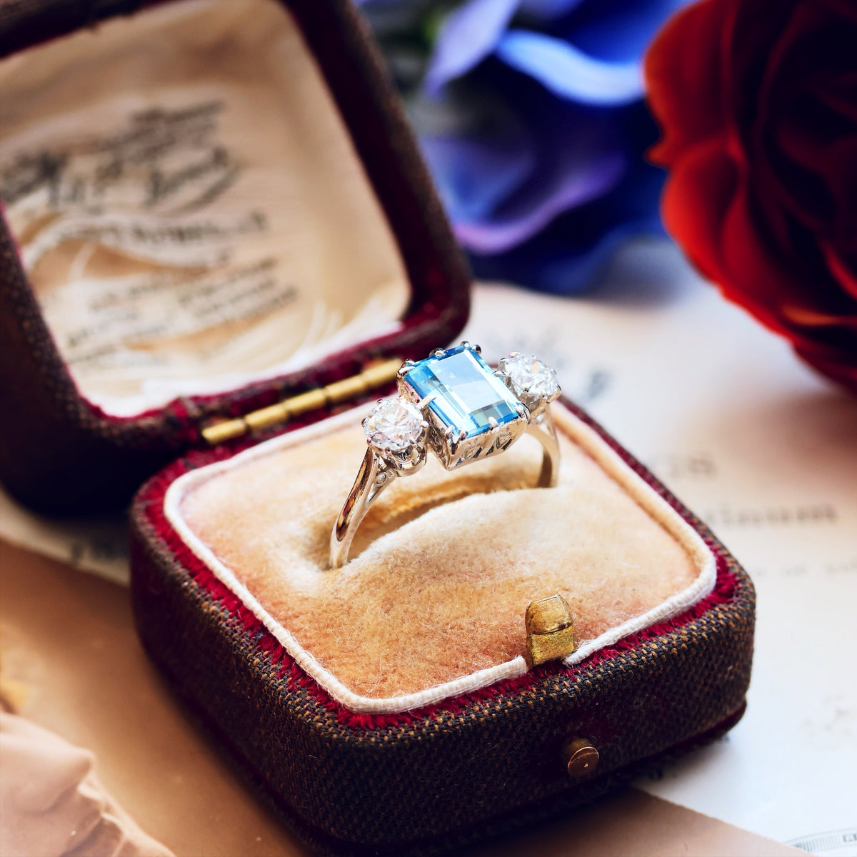 Vintage Aquamarine & Diamond Trilogy Engagement Ring