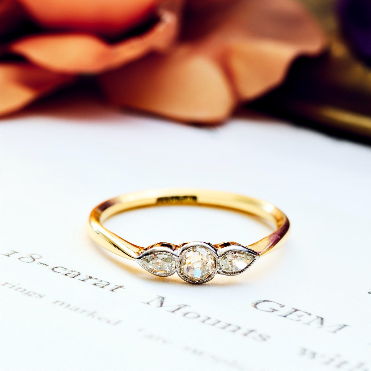 Vintage Pear Cut Diamond Trilogy Engagement Ring