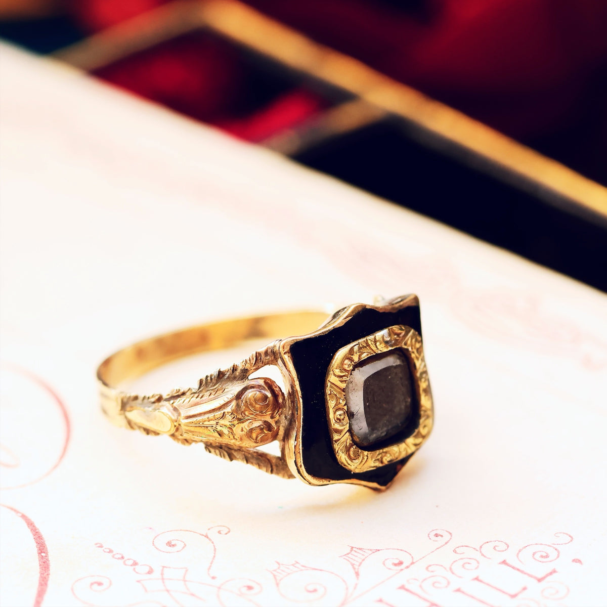 Antique Georgian Rococo Enamel Mourning Ring