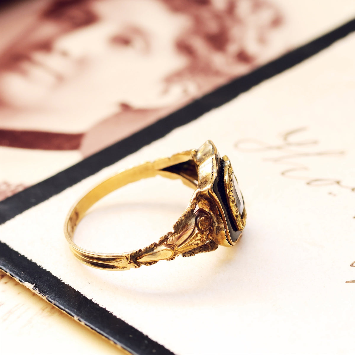 Antique Georgian Rococo Enamel Mourning Ring